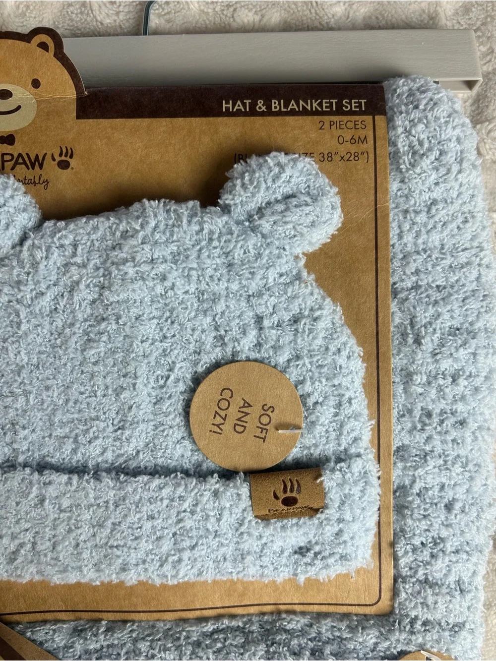 Bearpaw Blue Baby Blanket & Hat Set Chenille Sweater Knit Soft Cozy Ribbed